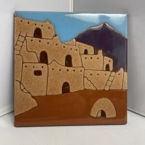 Art Tile 6" Southwest Pueblo Trivet Made In USA Blue Purple Brown Tan